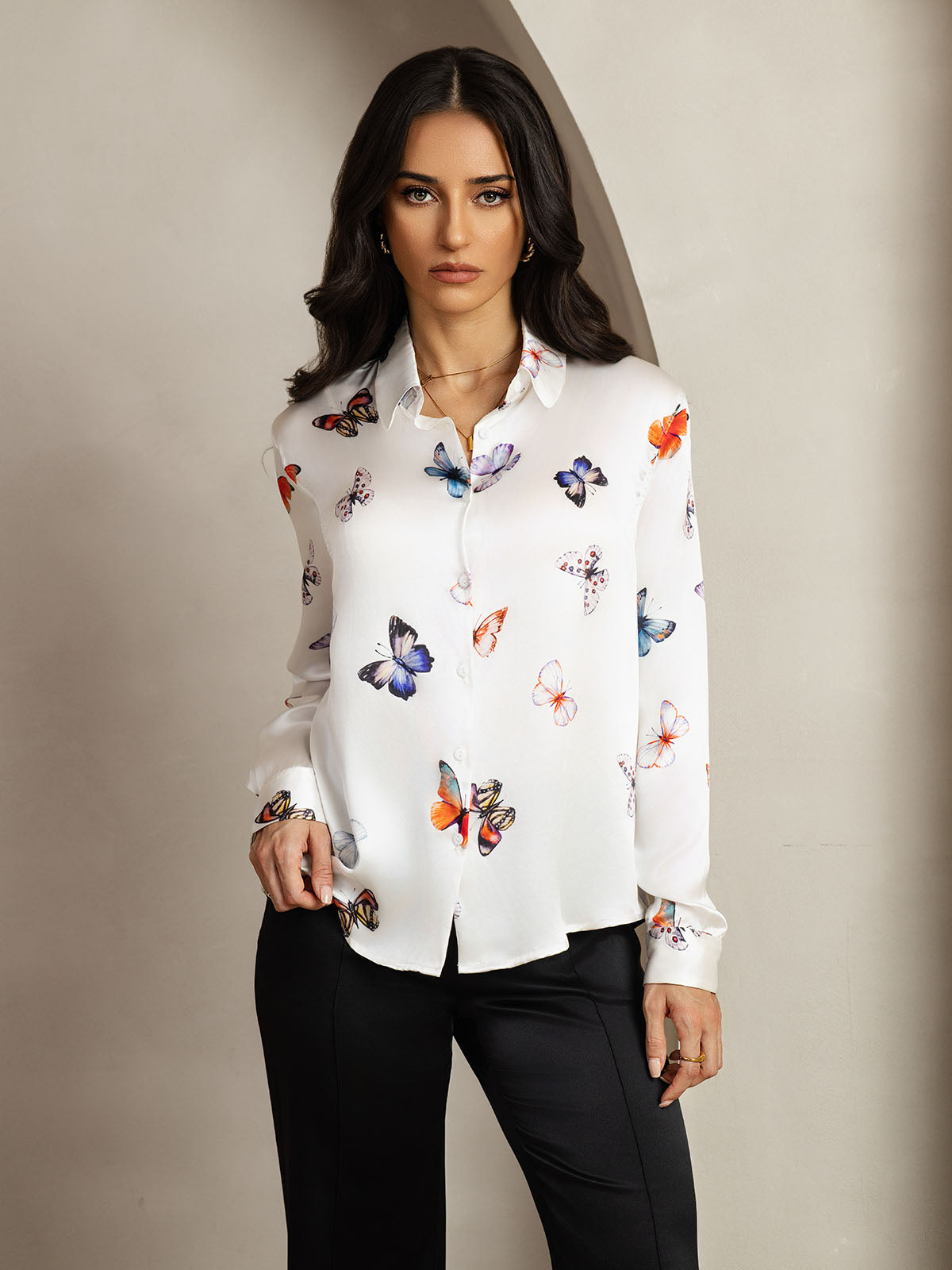 [White Butterfly] SilkSilky  Silk Lapel Collar Women's Shirt 001