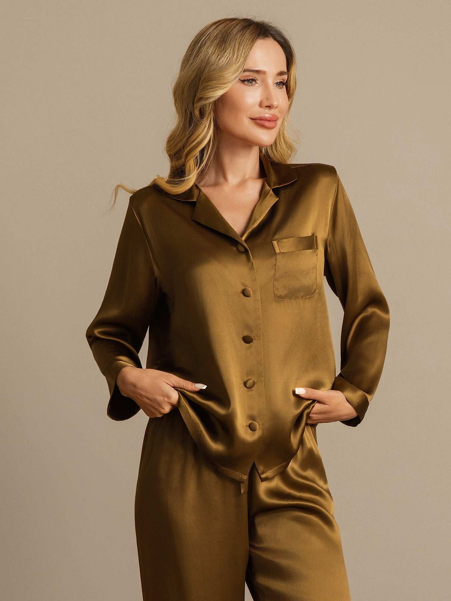 [Brown] SilkSilky  Pure Silk Long Sleeve Notch Collar Women's Pajamas 006