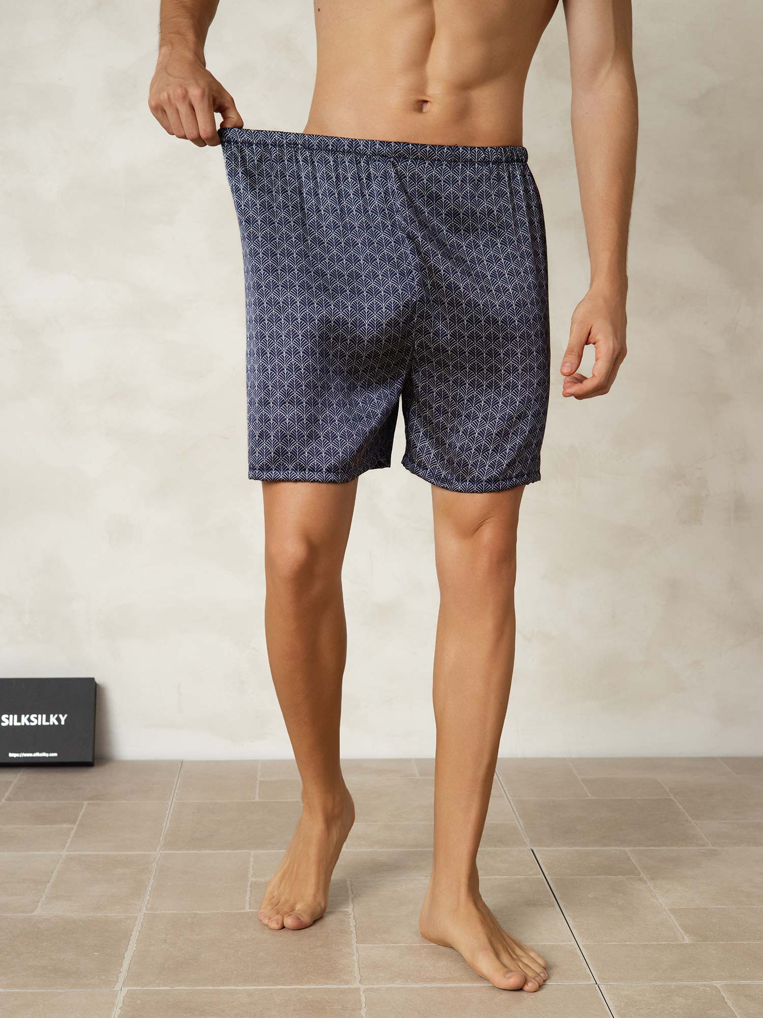 [Navy Ginkgo] SilkSilky  Pure Silk Mens Sleep Bottoms 003