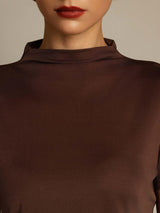 [Coffee] SilkSilky  100% Silk Jersey Short Sleeve Mock Neck Women's T-Shirt 004