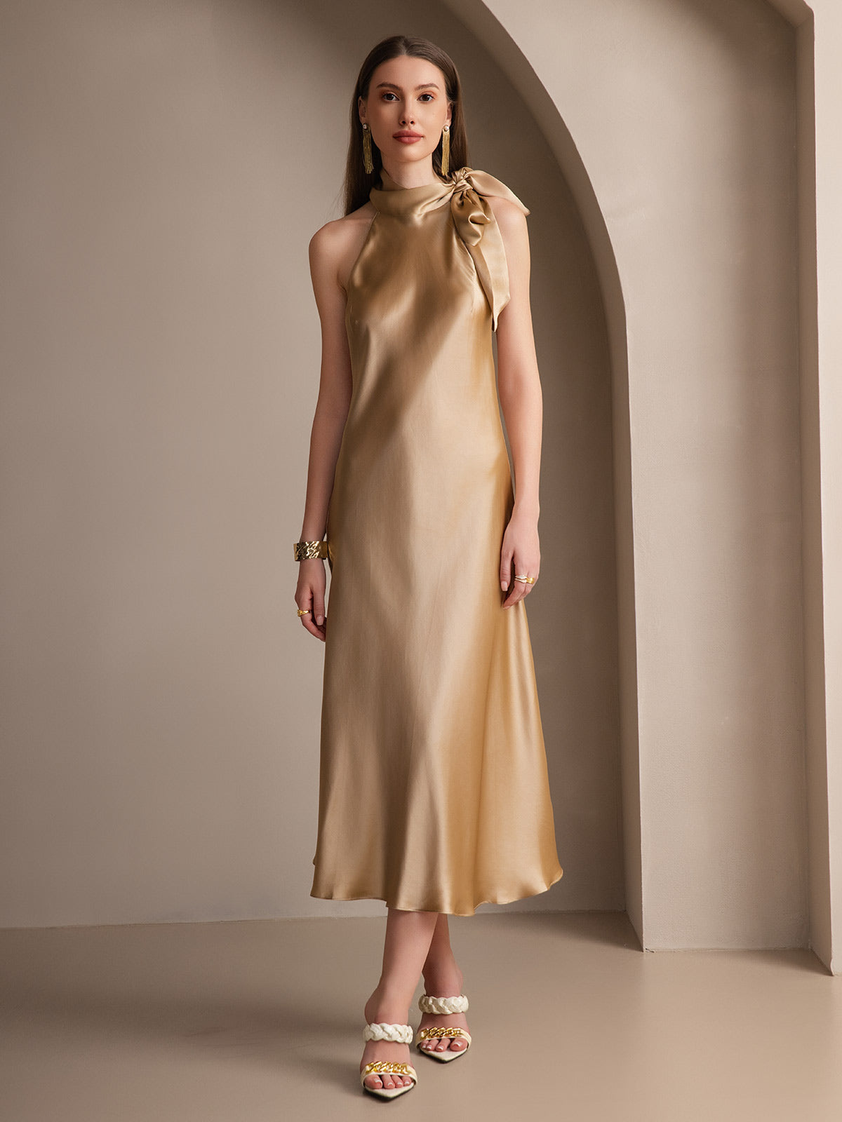 SilkSilky 19Momme Silk Sleeveless Tie Neck Midi Dress, Champagne / S(6)