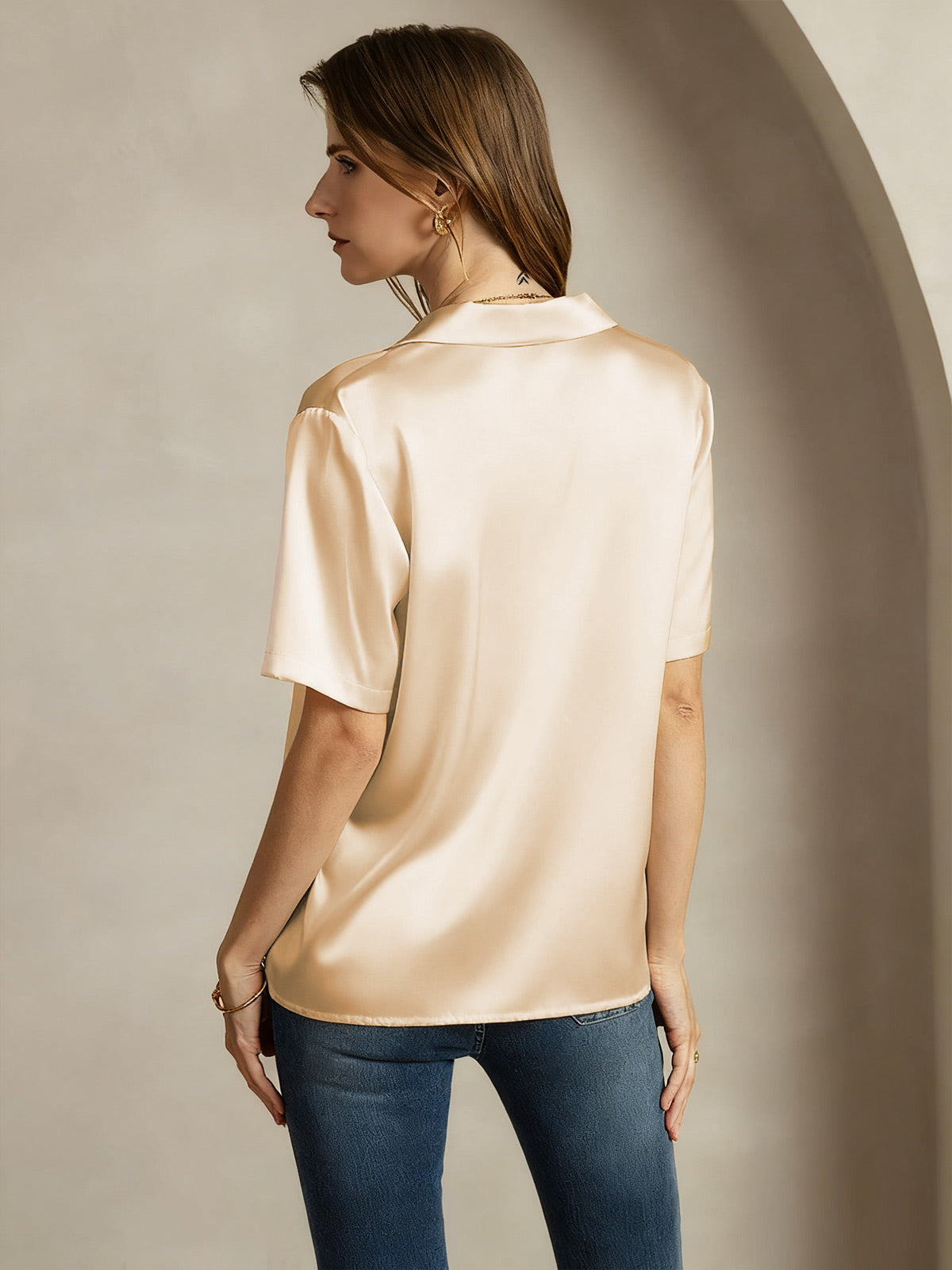 [Champagne] SilkSilky  19Momme Silk Notched Neck Women's Shirt 002
