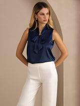 [Dark Blue] SilkSilky Sleeveless Tie Neck Camisole Top 004