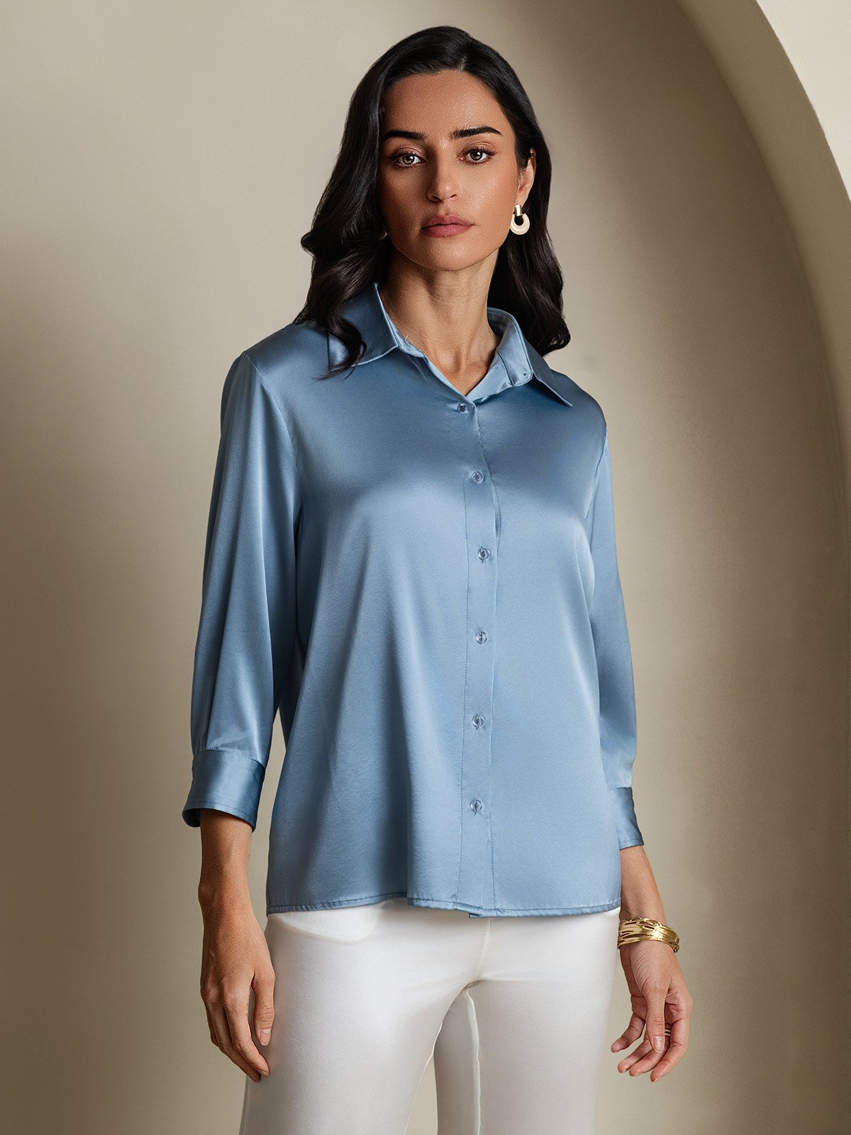 SilkSilky 19Momme Silk Long Sleeve Lapel Women's Shirt GrayishBlue 004