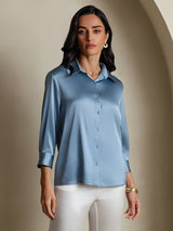 [Grayish Blue] SilkSilky  19Momme Stretch Silk Charmeuse 3/4 Sleeve Lapel Collar Women's Shirt 004