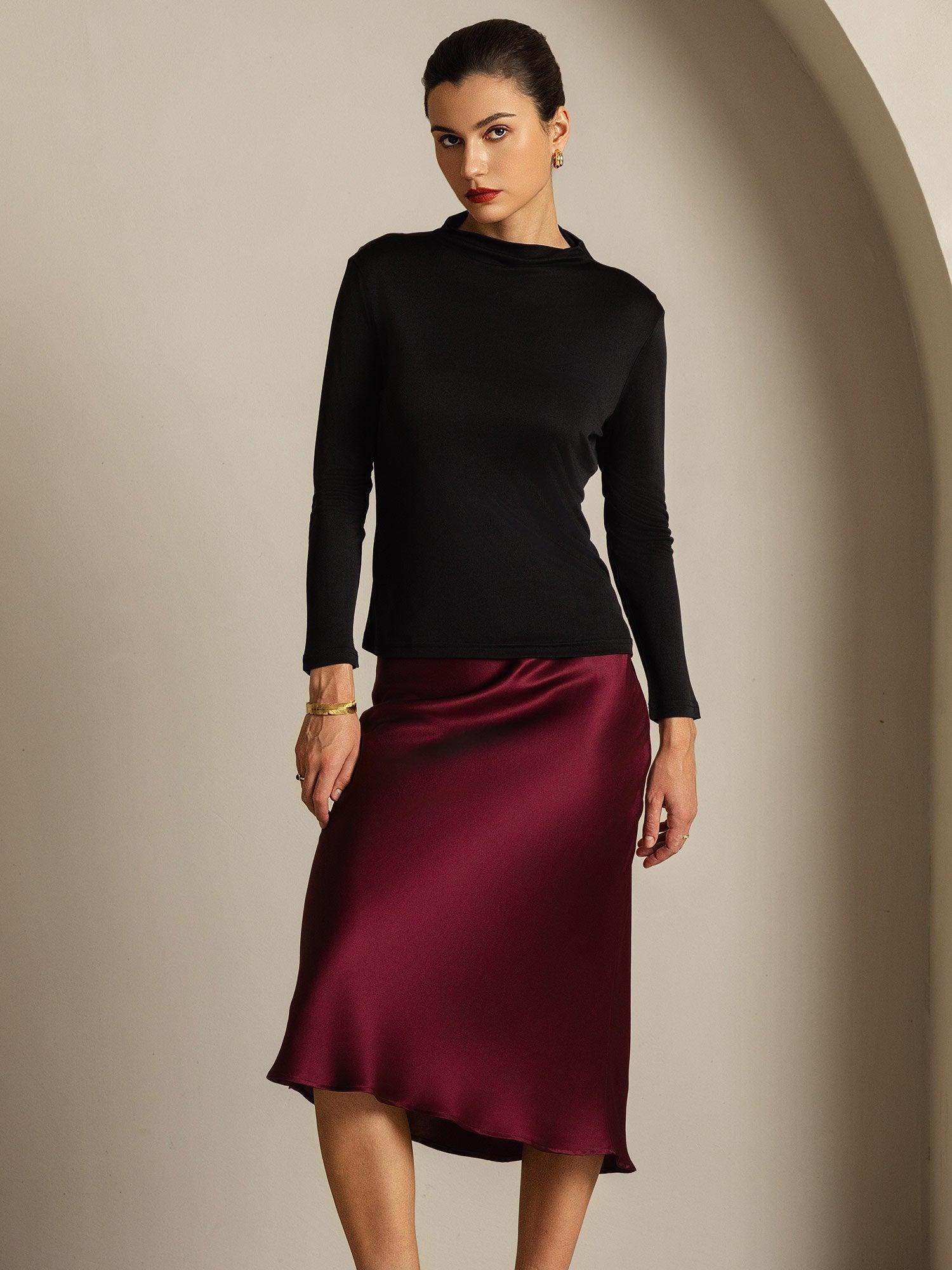 [Black] SilkSilky  Pure Silk High Neck Women's T-Shirt 006