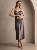 [Dark Khaki] SilkSilky  Pure Silk Spaghetti Strap V Neck Dress 006