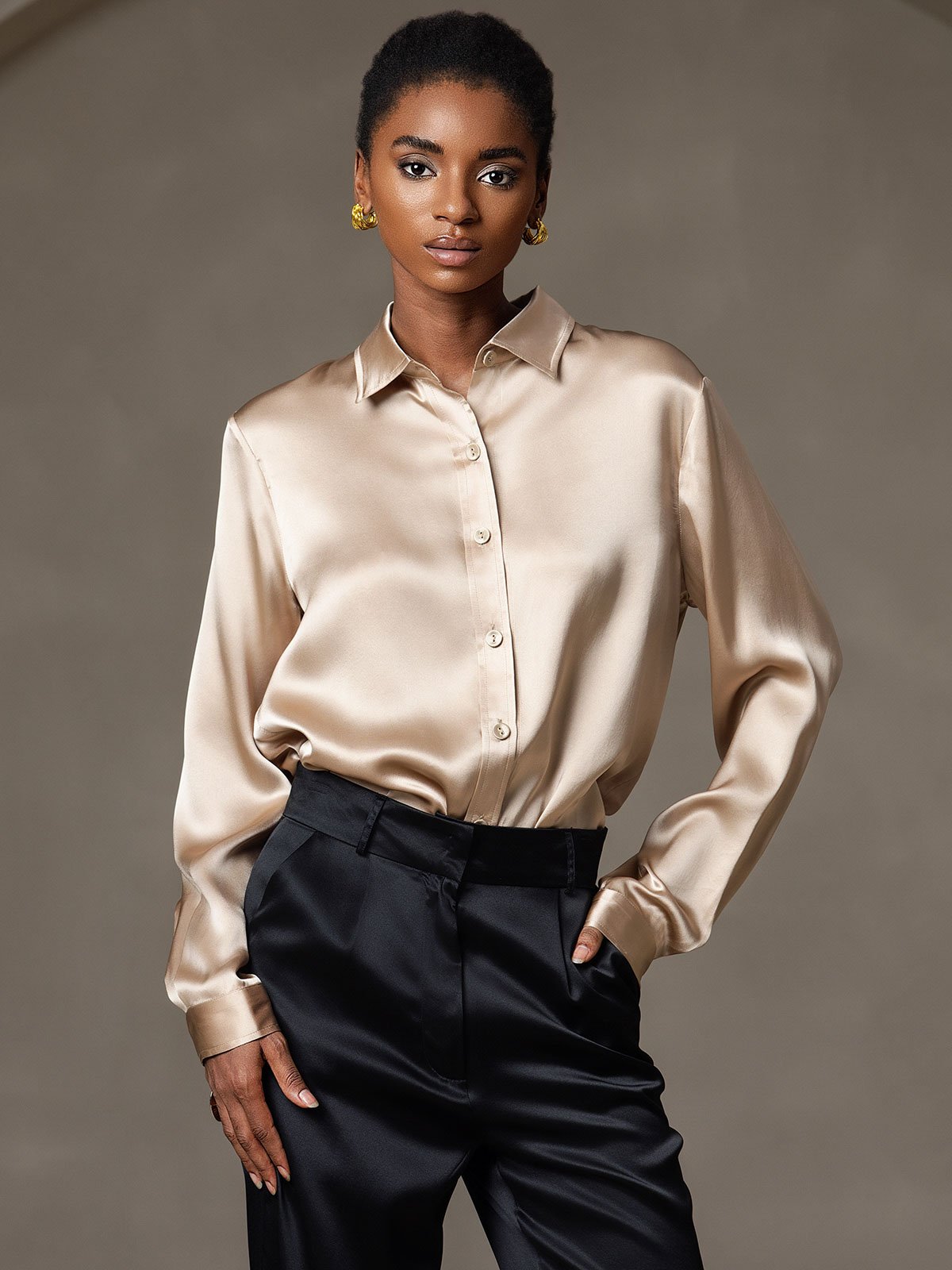 SilkSilky  19Momme Silk Long Sleeve Collar Women's Shirt Champagne 006