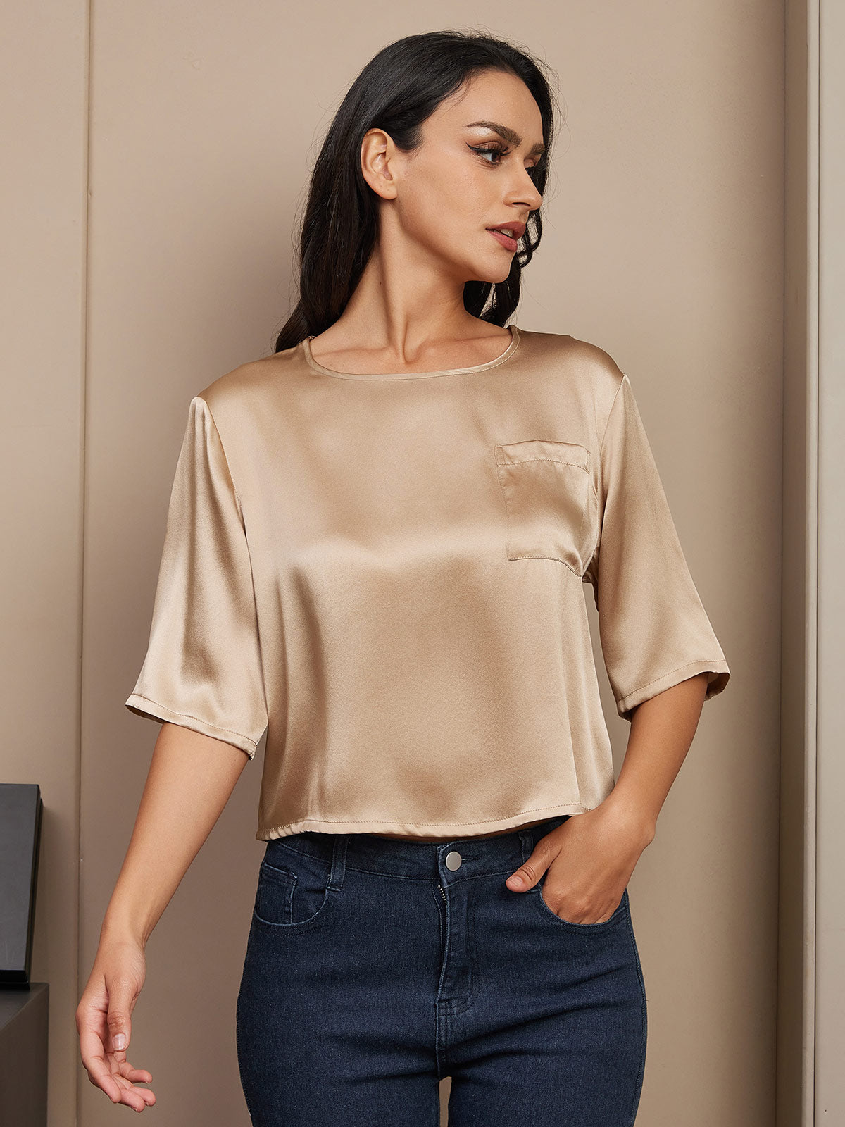 SilkSilky US Pure Silk Half Sleeve Boat Neck Women's T Shirt Champagne 001