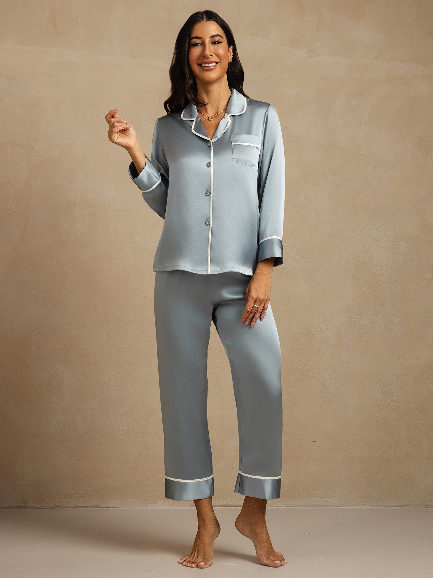 [GrayishBlue] SilkSilky Pure Silk Lapel Collar Women's Pajamas 007