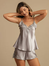 [Light Gray] SilkSilky  Spaghetti Strap V Neck Camisole Set 006