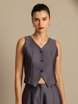 [Gray] SilkSilky  32Momme Silk-Wool Blend Sleeveless V Neck Women's Vest 003