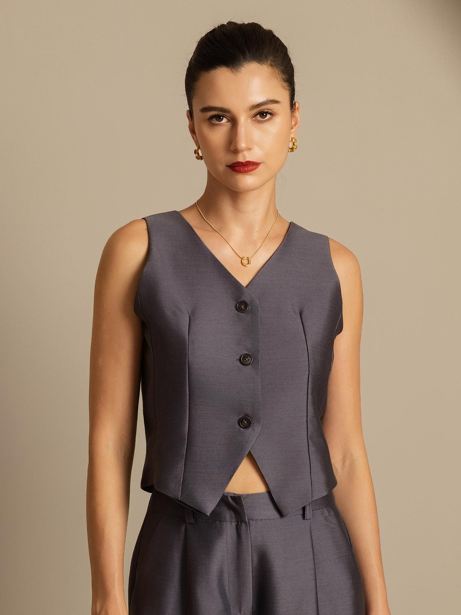 [Gray] SilkSilky  32Momme Silk V Neck Women's Vest 003,