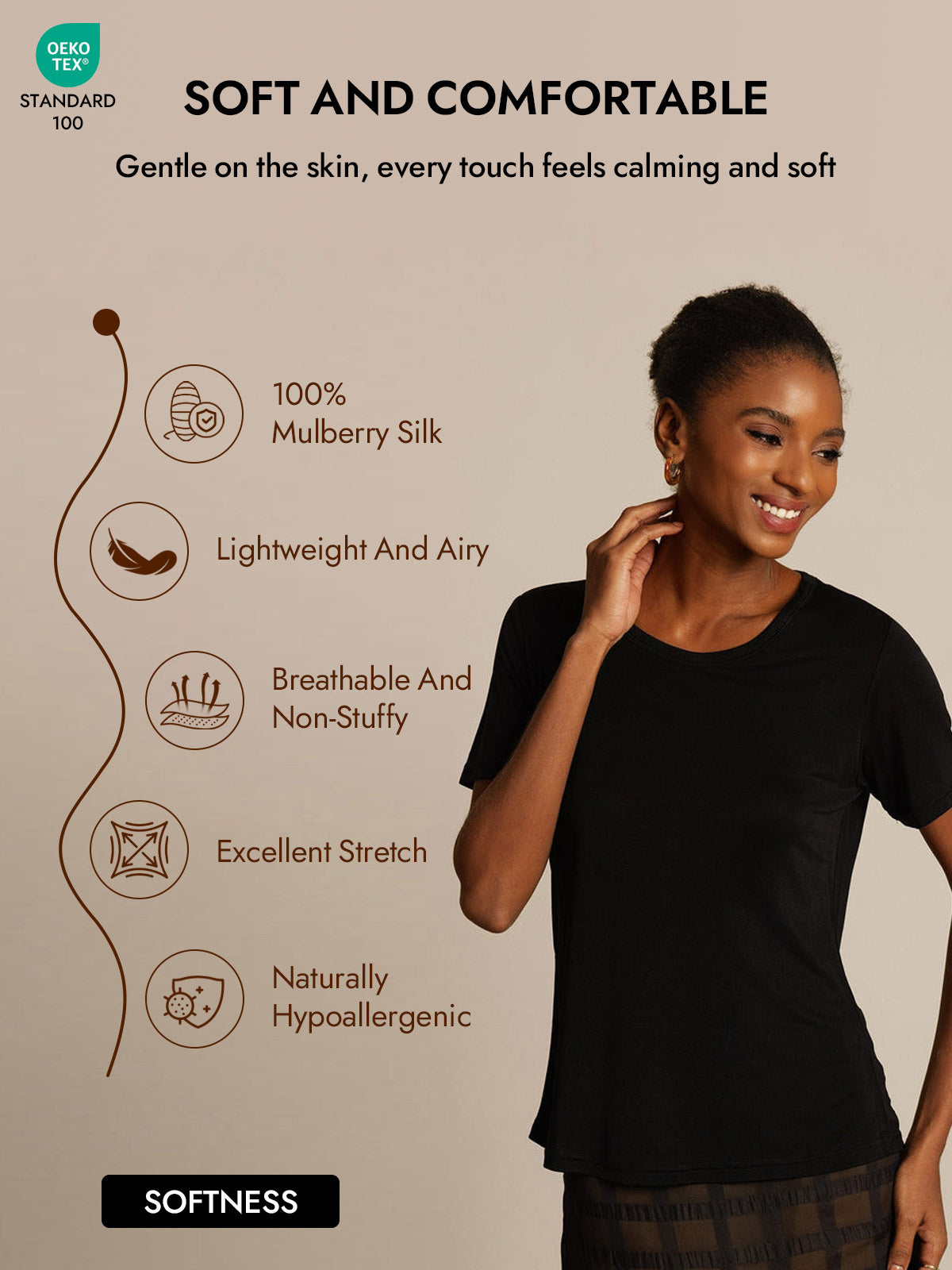 [Black] SilkSilky  Silk Knitted Short Sleeve Round Neck Women's T-Shirt 004