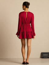[Wine] SilkSilky  19Momme Silk Long Sleeve Round Neck Dress 002