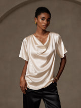 [Beige] SilkSilky  Short Sleeve Cowl Neck Women's Blouse 001