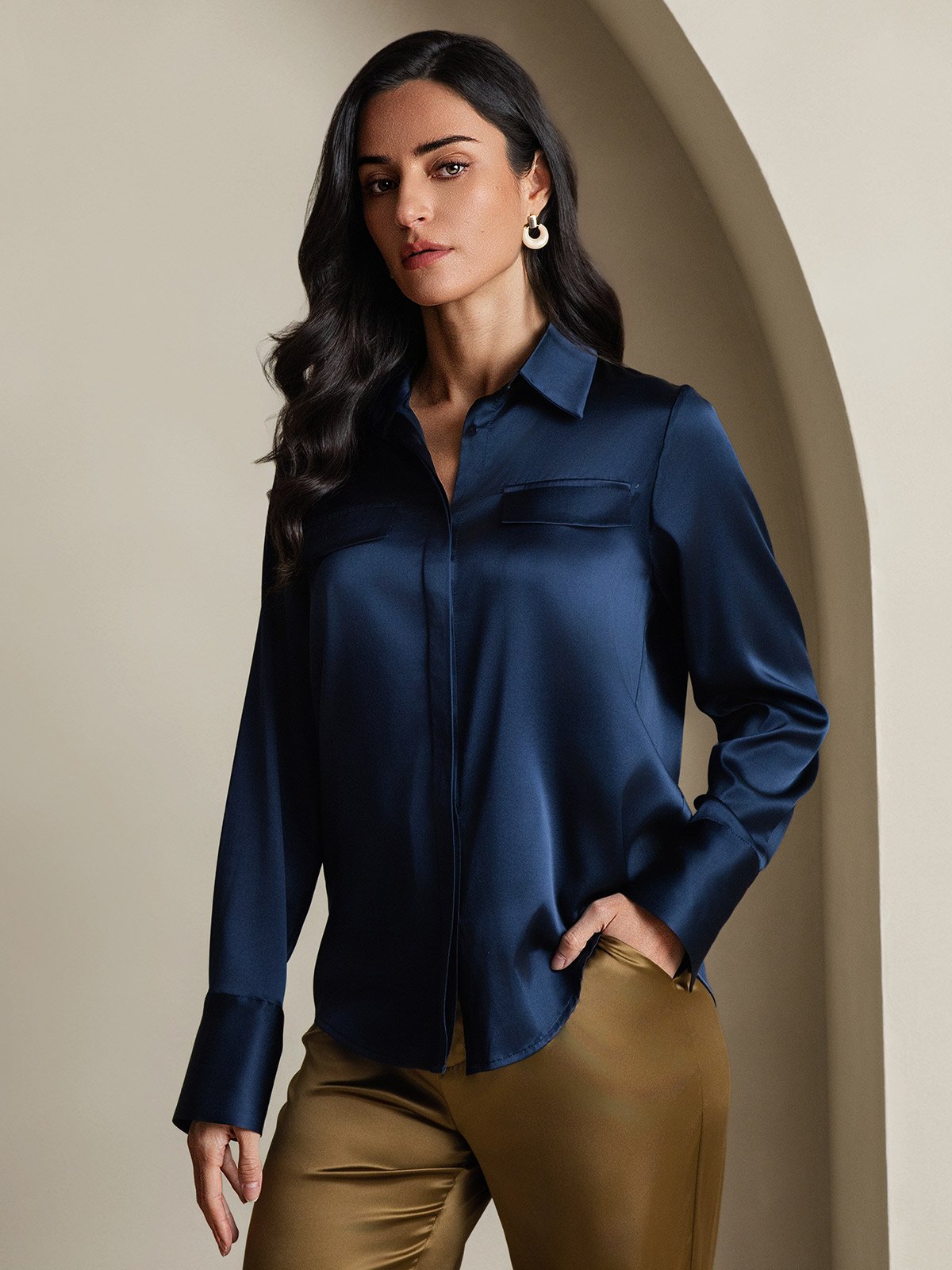 SilkSilky 19Momme Silk Long Sleeve Collar Women's Shirt DarkBlue 001