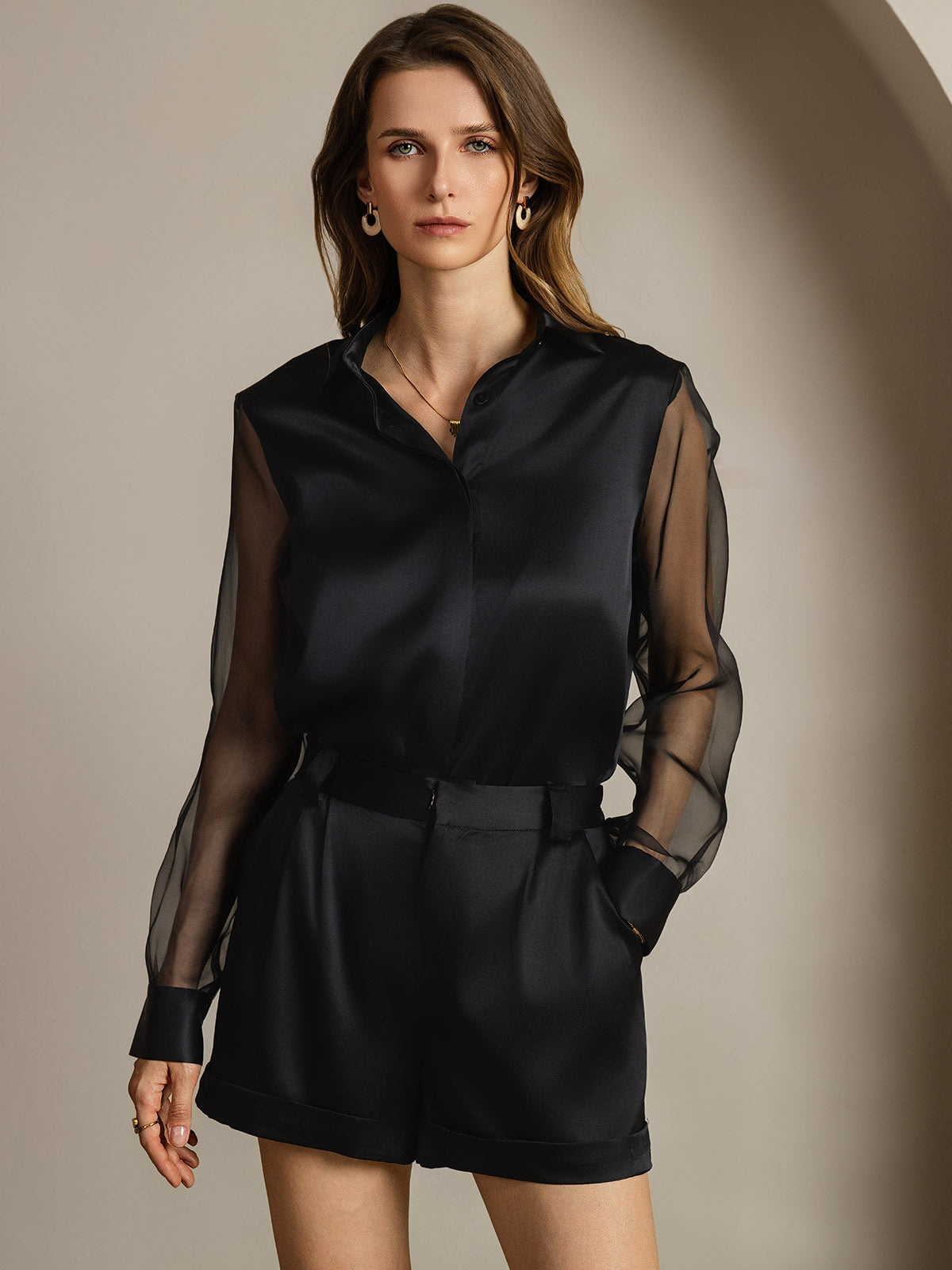 [Black] SilkSilky  19Momme Silk Lapel Collar Women's Shirt 005