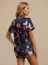 [Navy Floral] SilkSilky  Short Sleeve Notch Collar Women's Pajamas 002