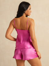 [Rose Red] SilkSilky  Spaghetti Strap V Neck Camisole Set 002