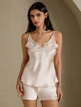 [Beige] SilkSilky  Spaghetti Strap V Neck Camisole Set 001