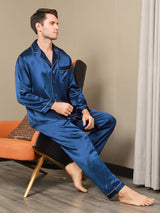 [Dark Blue] SilkSilky  Long Sleeve Notch Collar Men's Pajamas 003