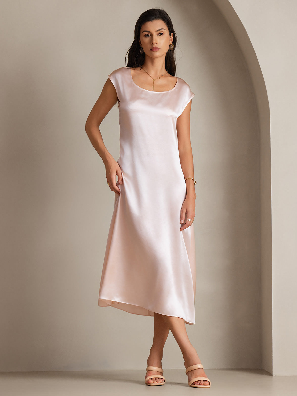 SilkSilky  19Momme Silk Sleeveless Round Neck Dress Pink 002