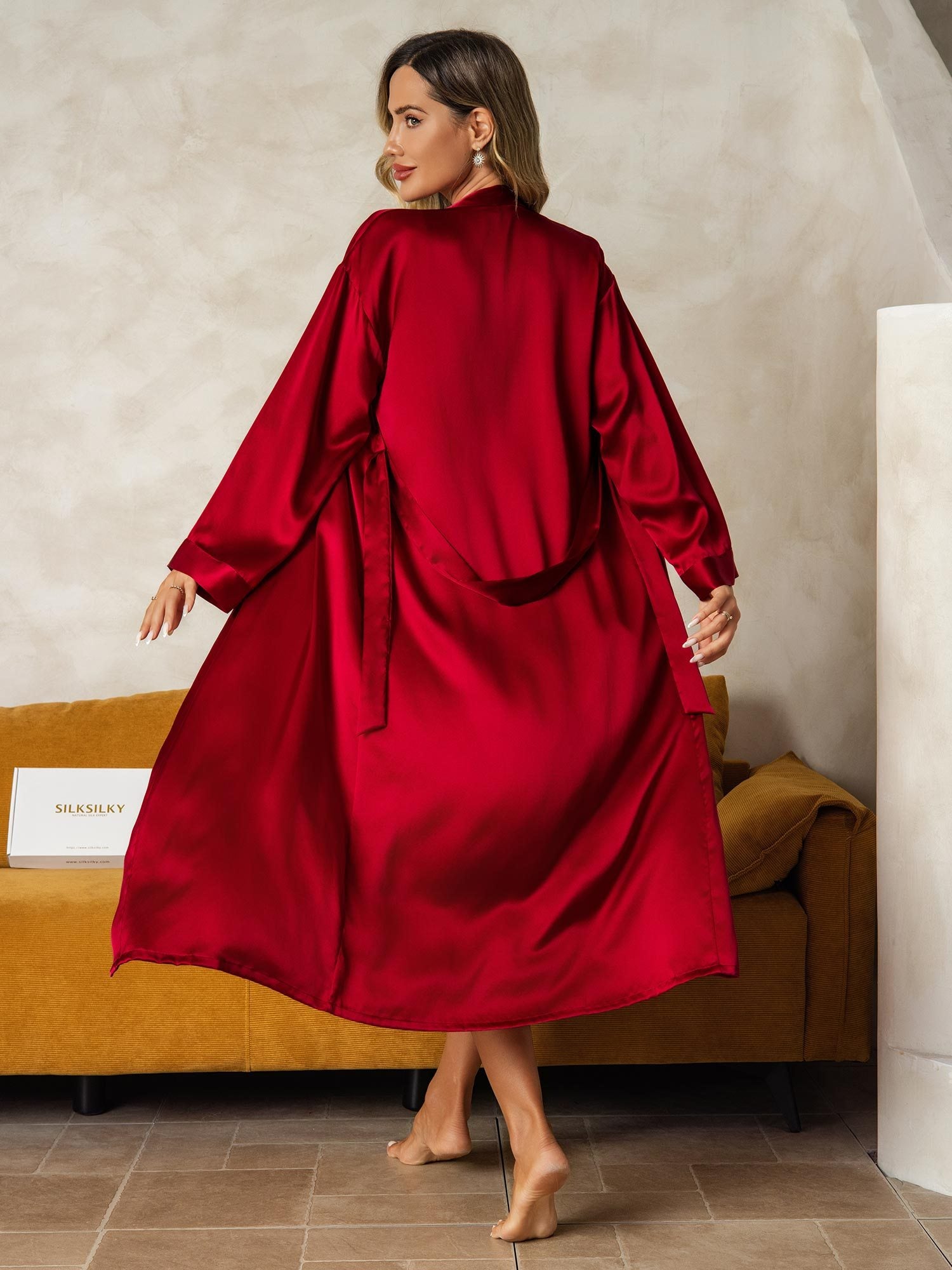[Wine] SilkSilky Pure Silk Wrap Nightgown&Robe Set 003