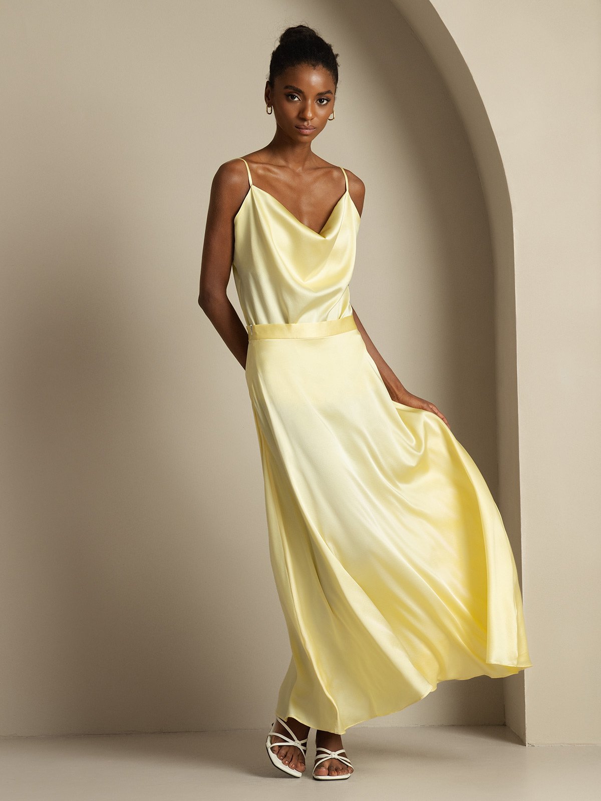 [Light Yellow] SilkSilky  19Momme Silk Cowl Neck Women''s Outfit Sets 006,