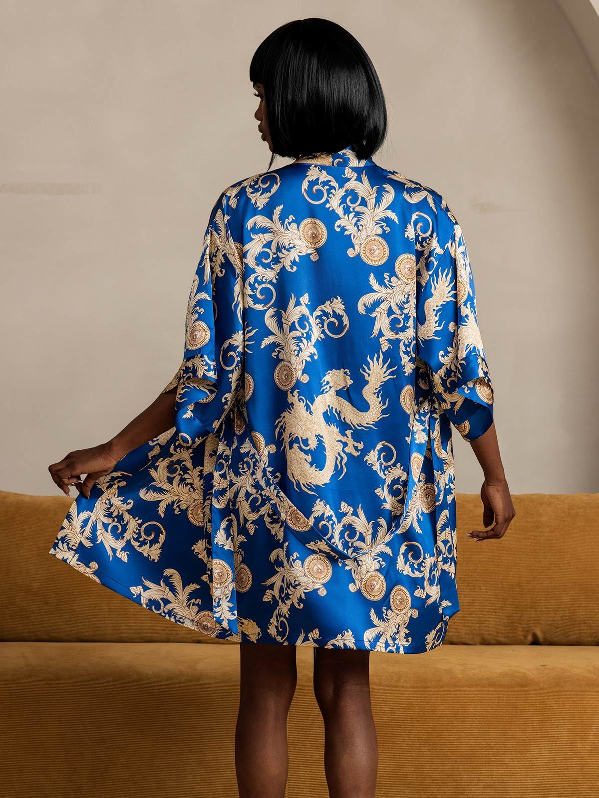 SilkSilky Pure Silk 3/4 Sleeve V Neck Women's Robe Blue 002