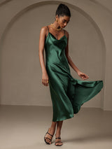 [Dark Green] SilkSilky  Spaghetti Strap Cowl Neck Dress 006