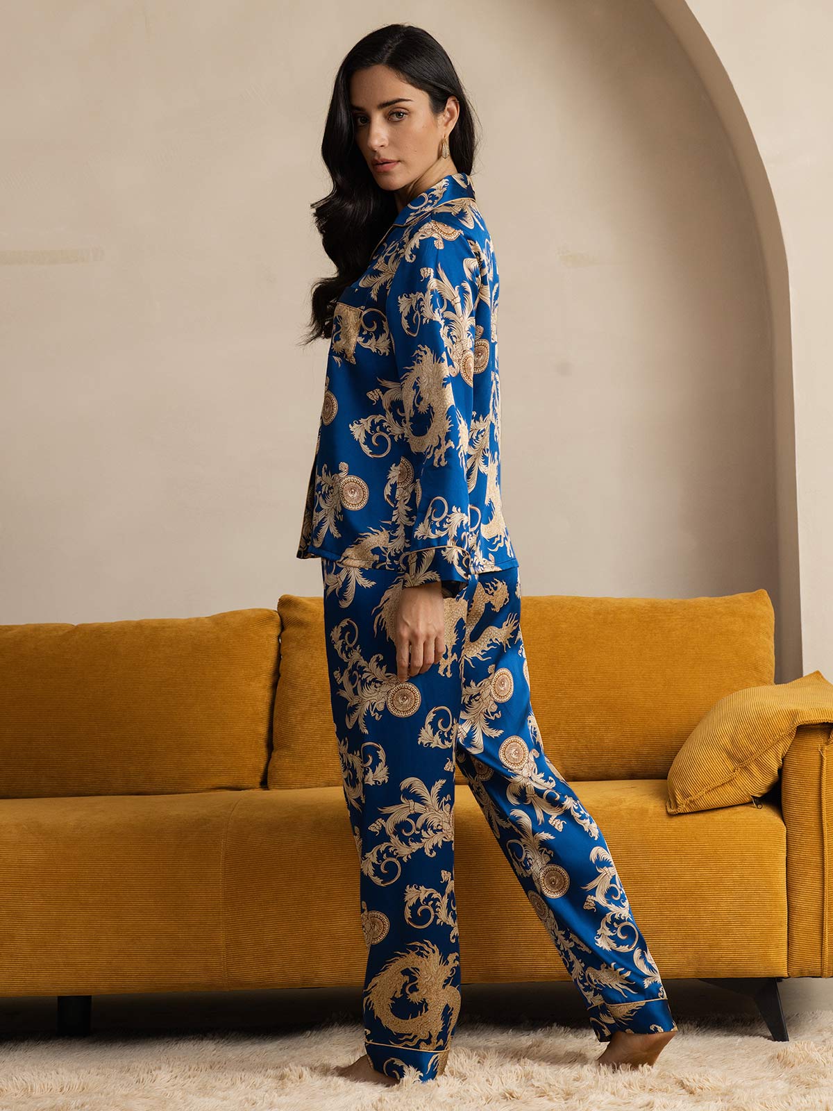 SilkSilky  Pure Silk Long Sleeve Lapel Women's Pajamas Blue 002