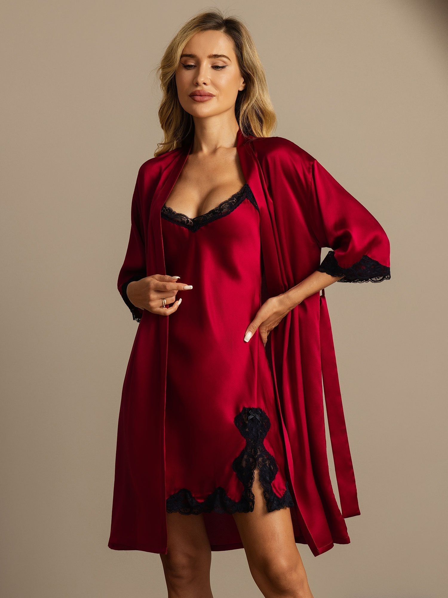 [Wine] SilkSilky Pure Silk V Neck Nightgown&Robe Set 003