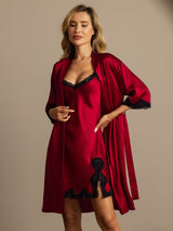 [Wine] SilkSilky  Half Sleeve V Neck Nightgown&Robe Set 003