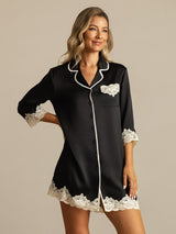[Black] SilkSilky  Pure Silk Lapel Collar Nightshirt 008