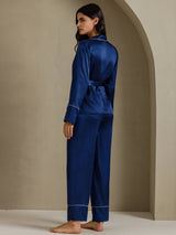 [Dark Blue] SilkSilky Long Sleeve Shawl Collar Women's Pajamas 002