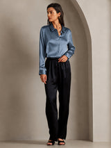 [Real Teal] SilkSilky  Long Sleeve Lapel Collar Women's Shirts 003