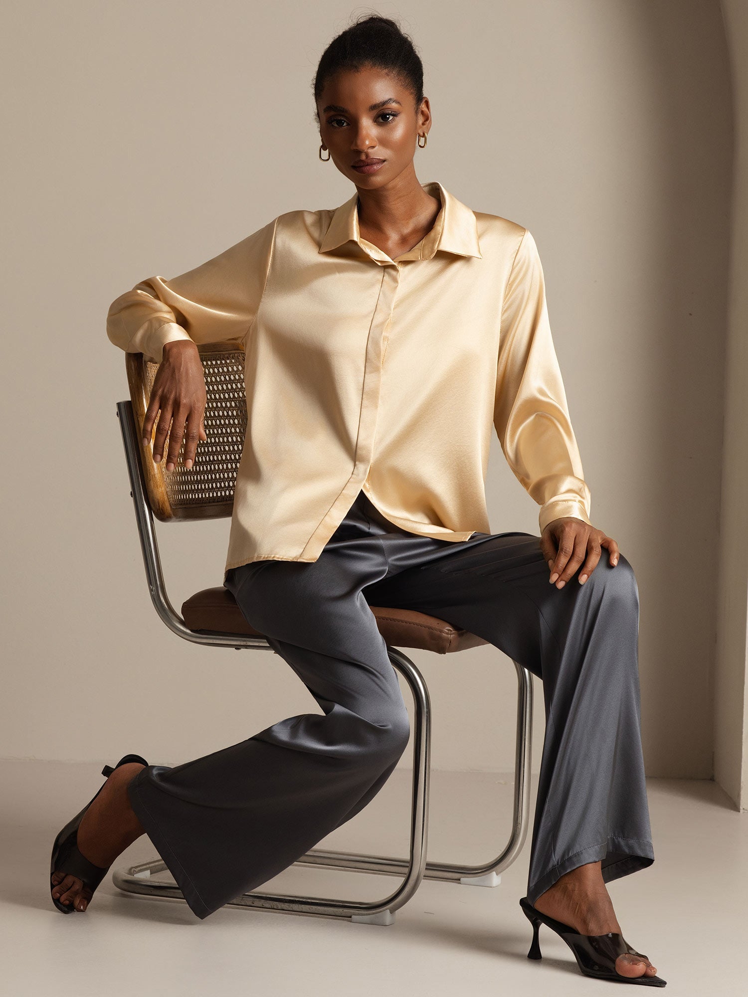 [Champagne] SilkSilky  19Momme Silk Long Sleeve Lapel Collar Women's Shirt 009