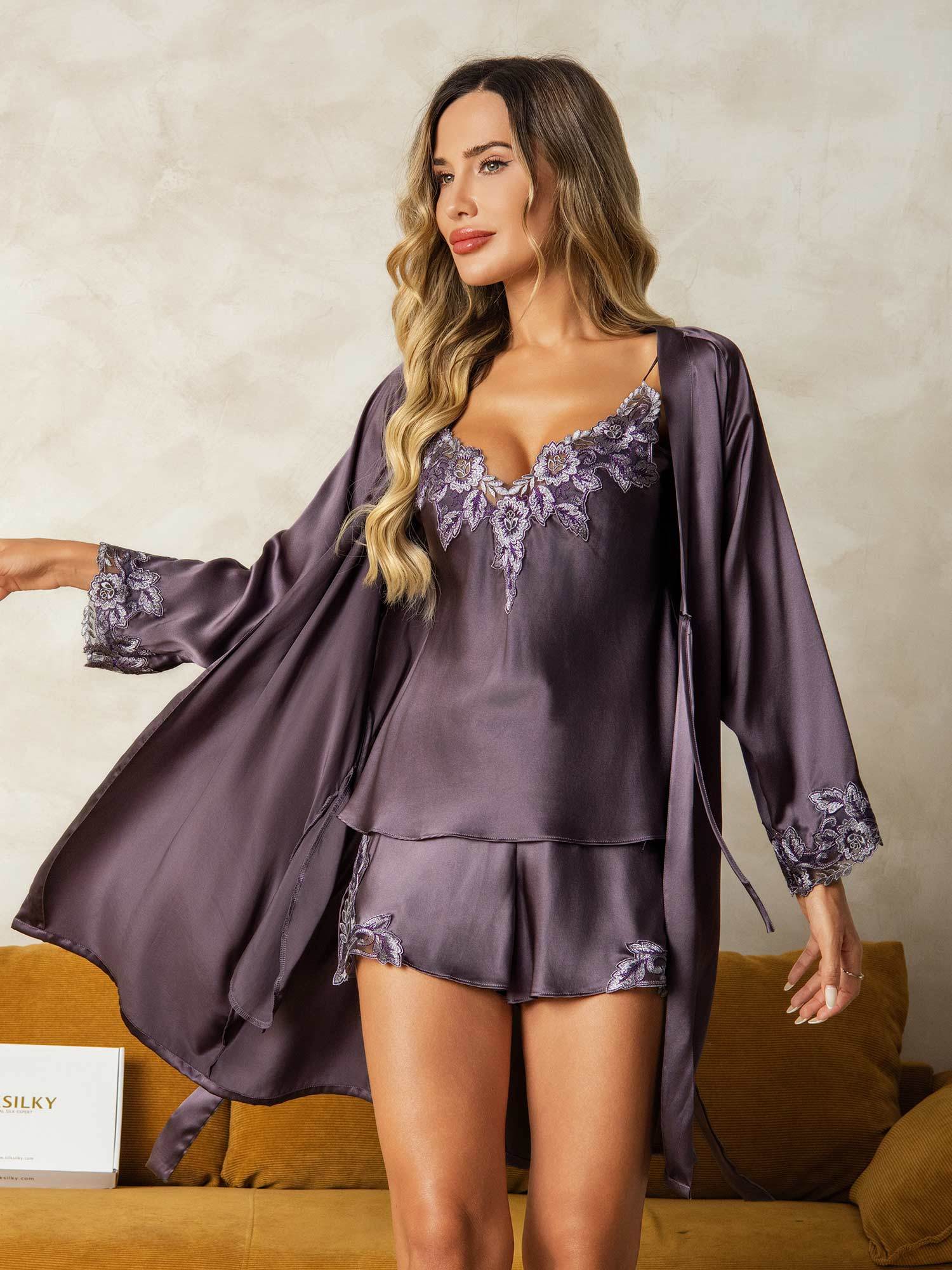 [Purple Gray] SilkSilky  Pure Silk Wrap Nightgown&Robe Set 001