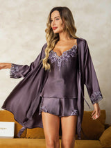 [Purple Gray] SilkSilky  Pure Silk 3/4 Sleeve V Neck Women's Pajamas 001