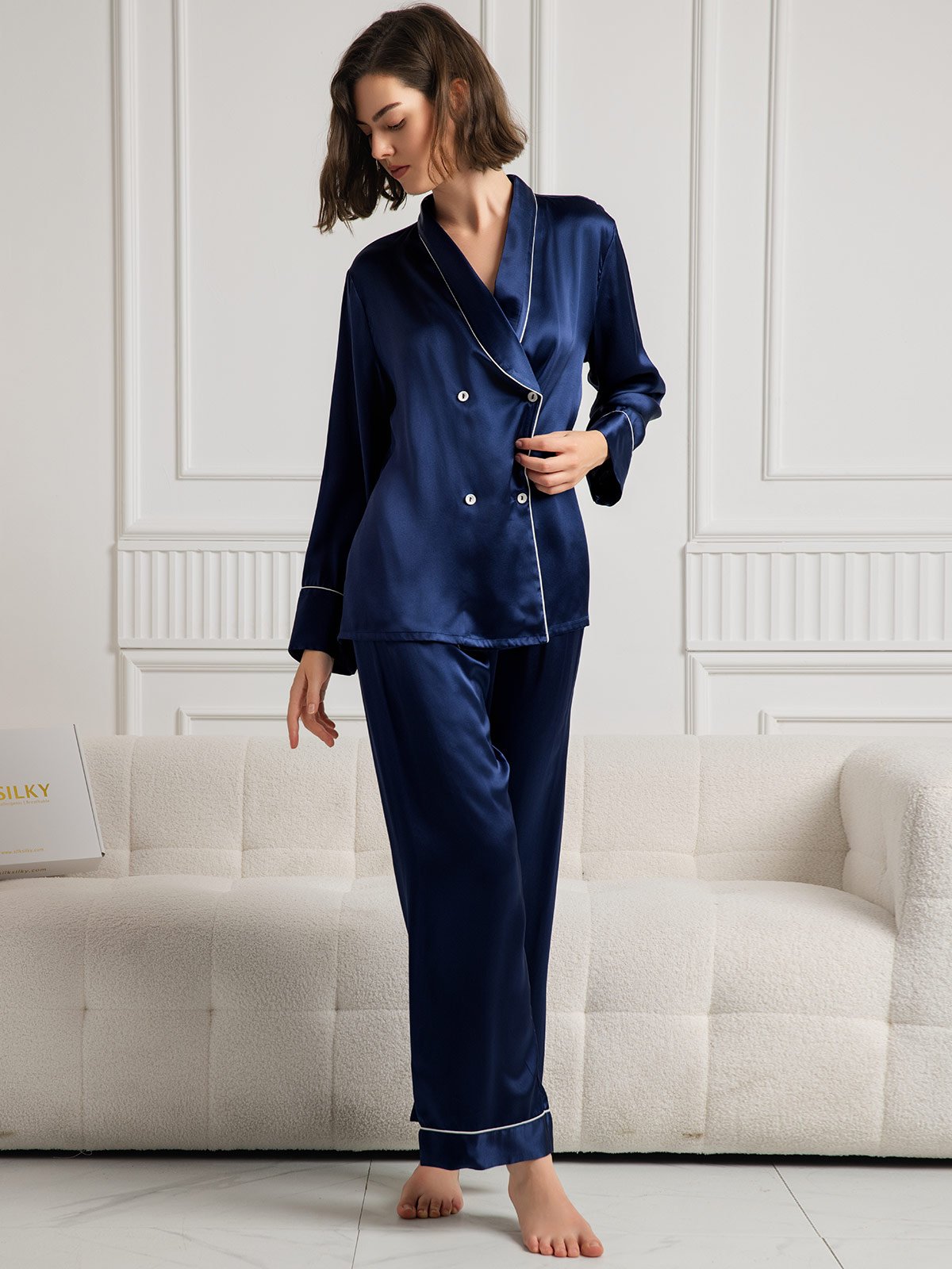 SilkSilky Pure Silk Long Sleeve V Neck Women's Pajamas DarkBlue 004