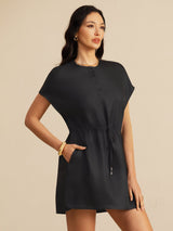 [Black] SilkSilky 18Momme Silk Satin Surah Cap Sleeve Henley Neck Dress 001