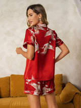 [Dark Red] SilkSilky  19Momme Short Sleeve Notch Collar Women's Pajamas 002