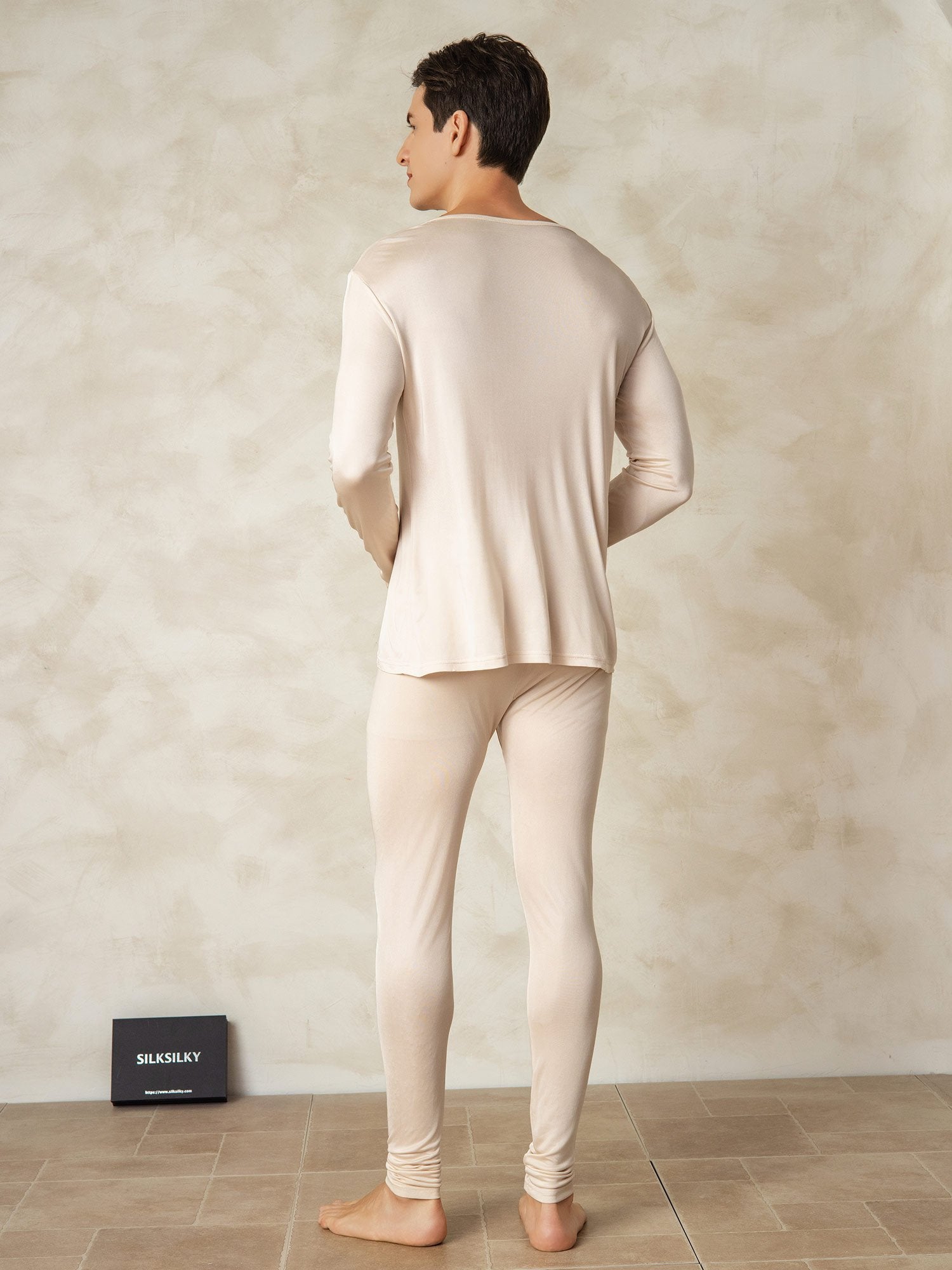 [Tan] SilkSilky Silk Round Neck Men's Pajamas 002