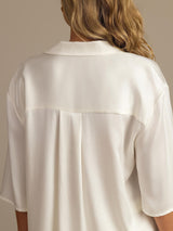 [White] SilkSilky  19Momme Machine-Washable Silk Half Sleeve Notch Collar Women's Pajamas 004