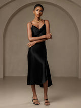[Black] SilkSilky  Spaghetti Strap Cowl Neck Dress 004
