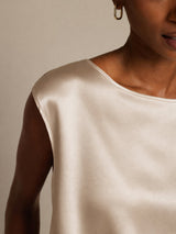 [Beige] SilkSilky  Cap Sleeve Round Neck Women's T-Shirt 005