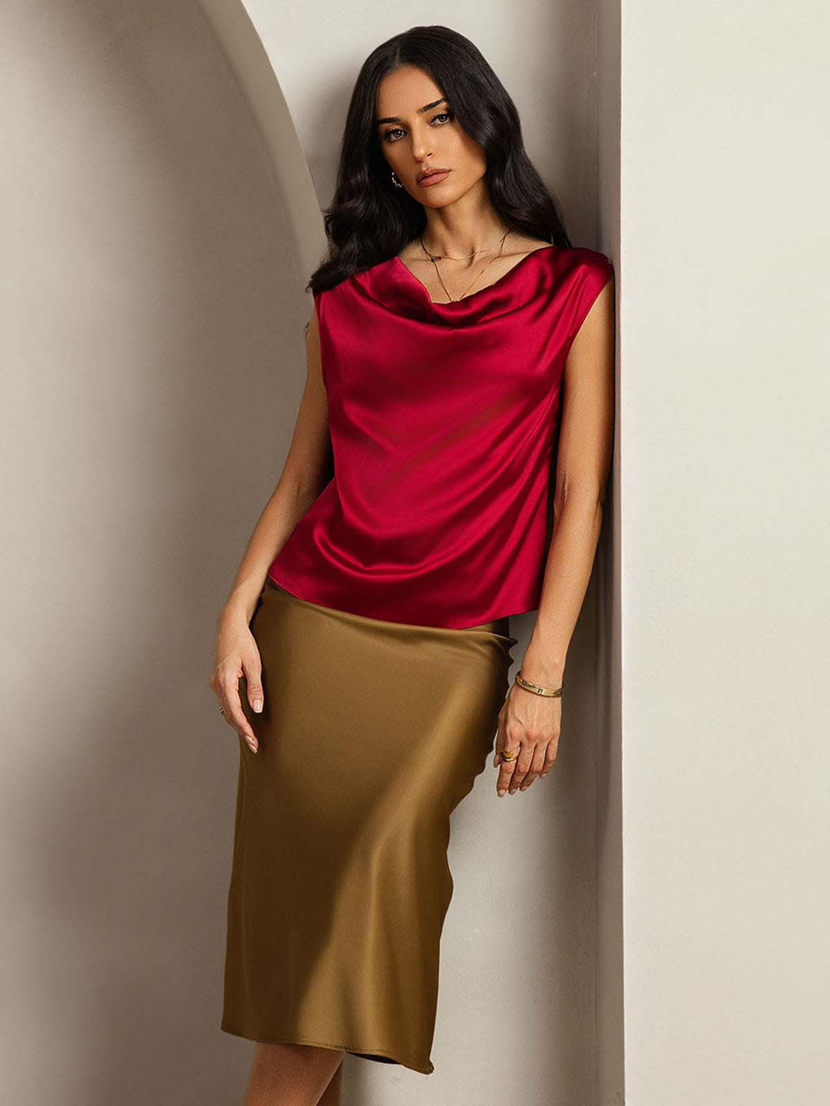 [Wine] SilkSilky  19Momme Silk Cowl Neck Women's T-Shirt 001