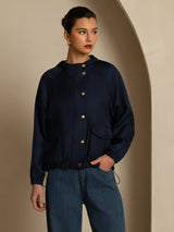 [DarkBlue] SilkSilky Silk Satin Surah Long Sleeve High Neck Women's Outerwear 004