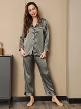 [Grayish Green] SilkSilky  Long Sleeve Notch Collar Women's Pajamas 004